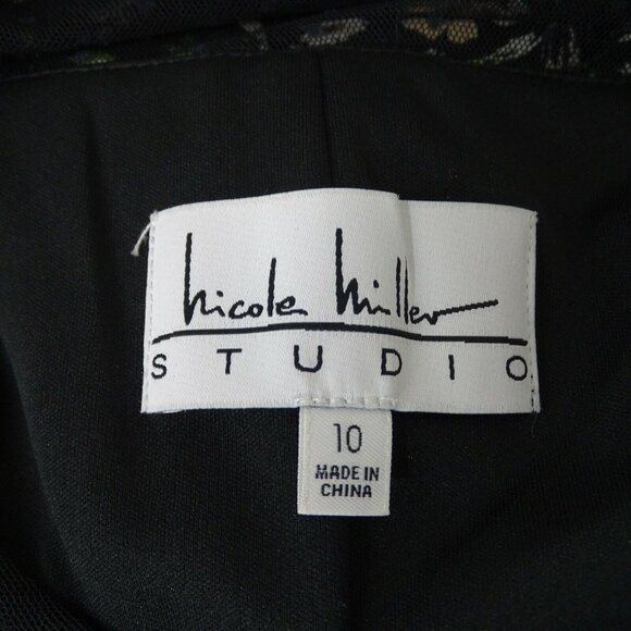 Nicole Miller Studio Dress Women Size 10 Black Floral Tiered Ruffle Sleeve - Picture 5 of 9